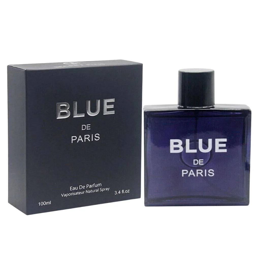 Blue De Paris Eau de Parfum 3.4 fl oz deep sapphire blue glass bottle with a dark cap shown standing next to its premium dark presentation box.