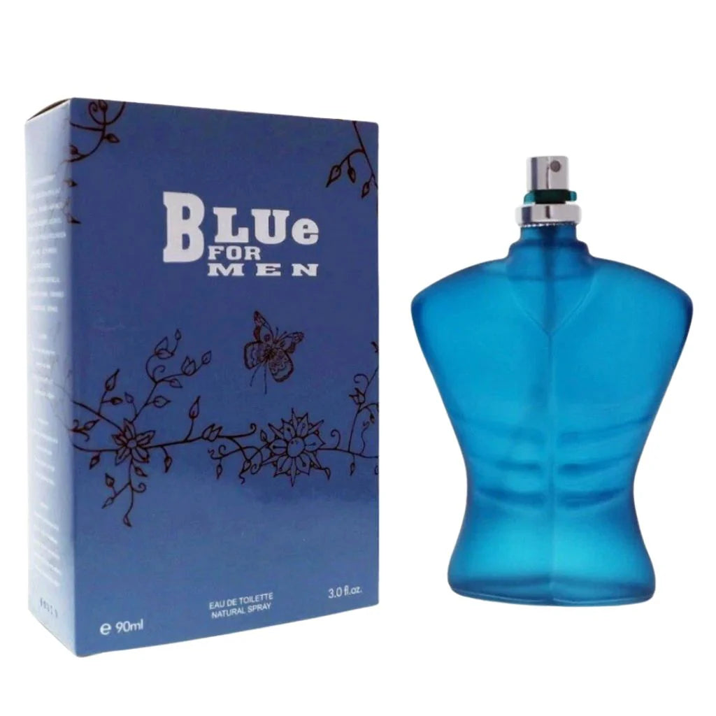 Blue For Men 90ml EDT bottle in a blue torso shape next to its matching blue retail box featuring floral patterns.
