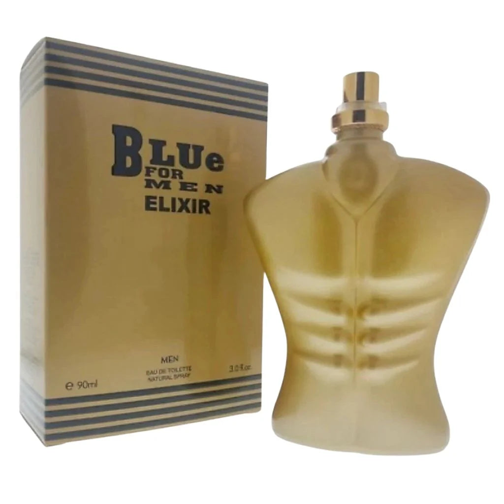 Blue for Men Elixir 90ml Eau de Toilette in a gold-toned torso-shaped bottle next to its gold and blue striped retail box.
