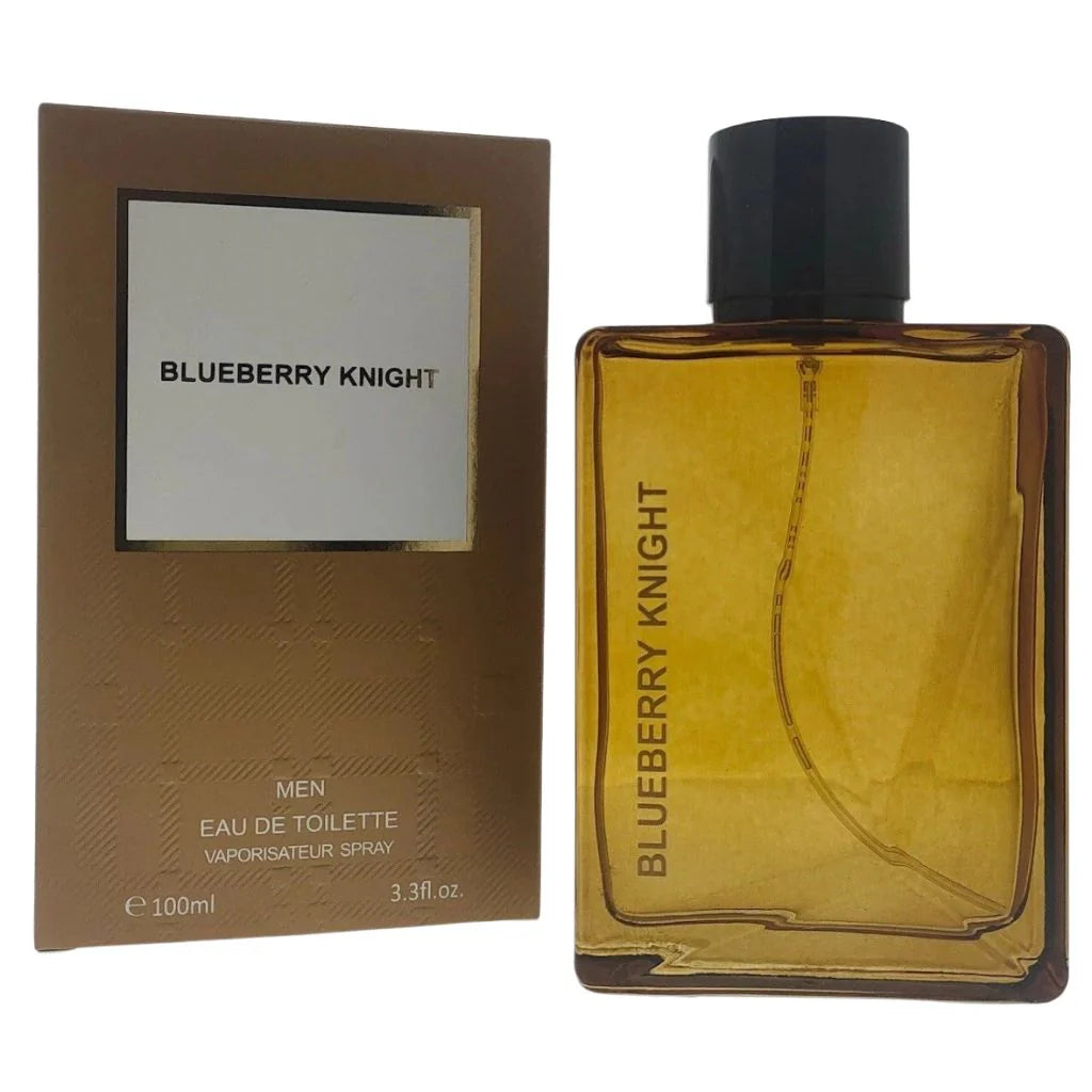Blueberry Knight 100ml men's cologne bottle with golden liquid next to its textured brown and gold retail packaging.
