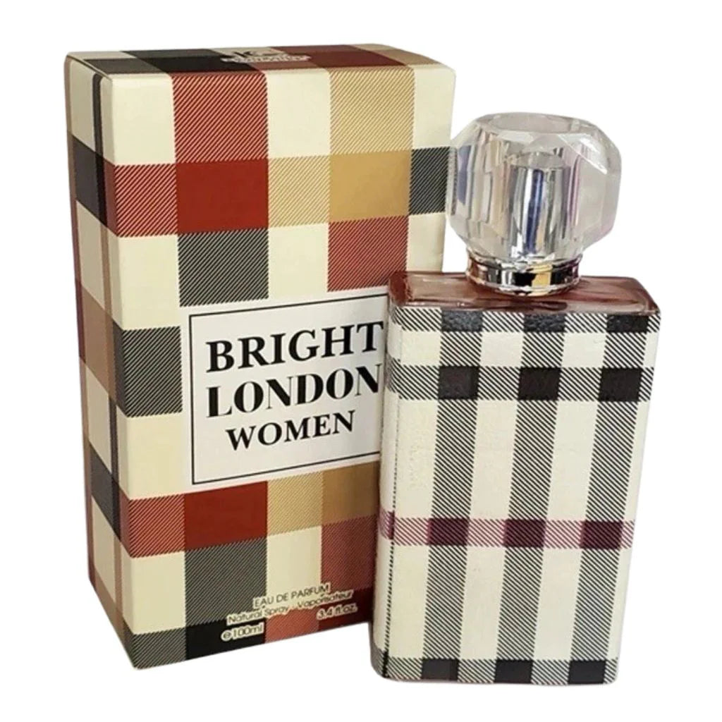 Bright London for Women 100ml Eau de Parfum in a plaid patterned bottle with a clear cap next to its matching red and cream plaid box.