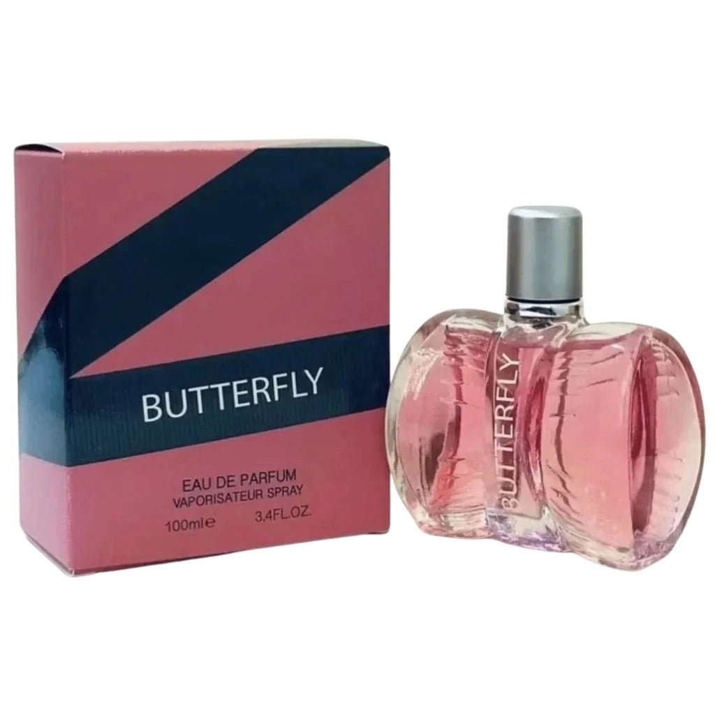 Butterfly 100ml Eau de Parfum in a clear, uniquely shaped rounded bottle next to its pink and dark blue diagonal patterned retail box.