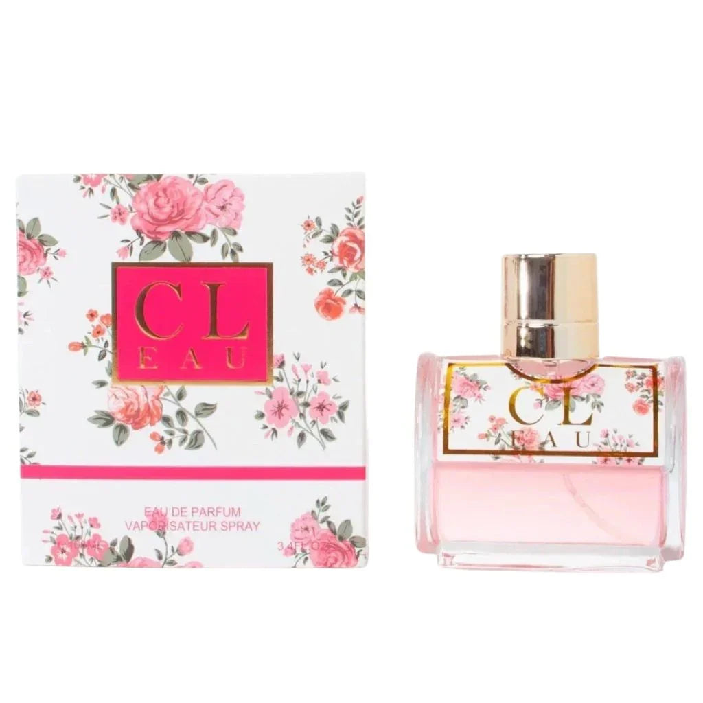 CL Eau 100ml Eau de Parfum in a clear rectangular bottle with pink floral labels next to its matching floral-patterned box.