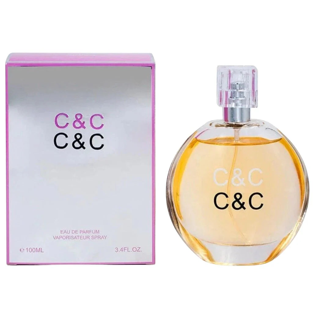 C &amp; C Perfume 100ml Eau de Parfum in a clear rounded glass bottle with an orange-tinted fragrance next to its silver and purple retail box.