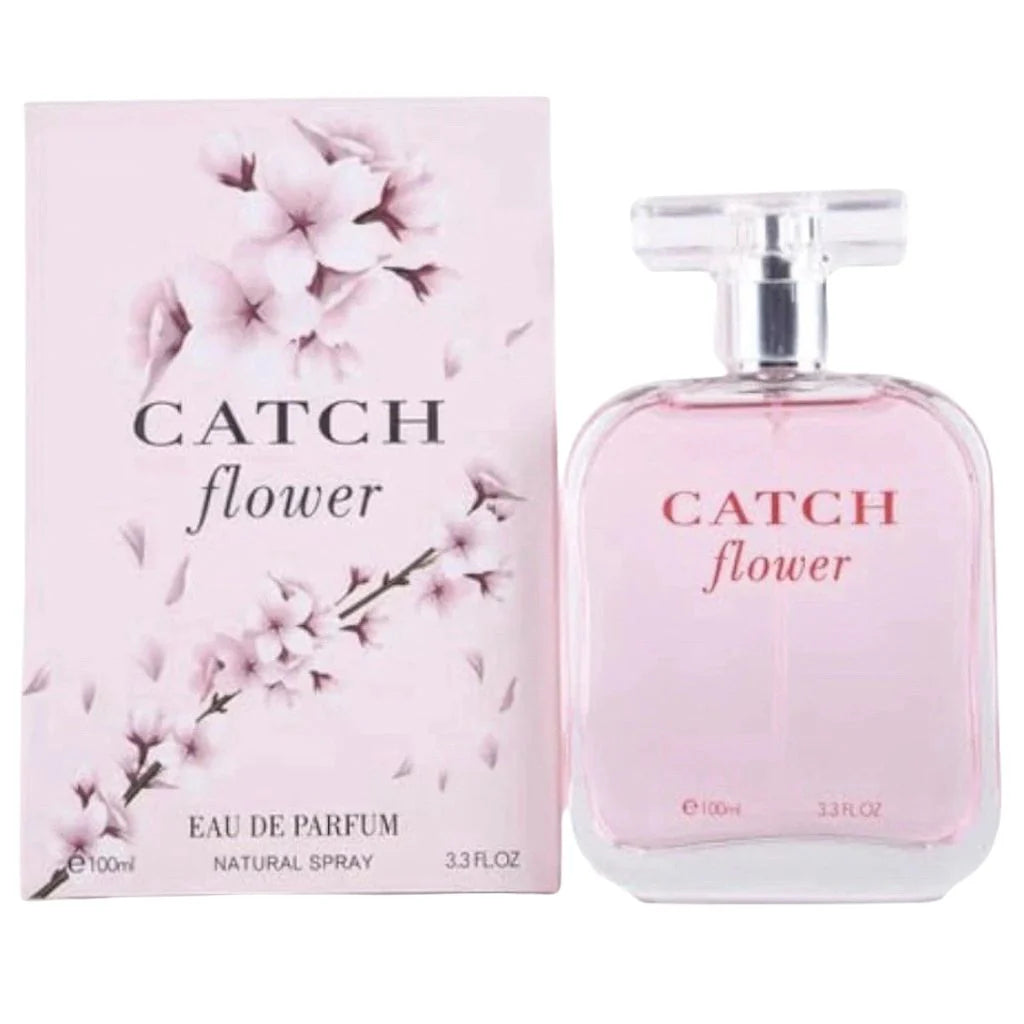 Catch Flower 100ml Eau de Parfum in a clear rounded glass bottle next to its elegant pink box featuring cherry blossom illustrations