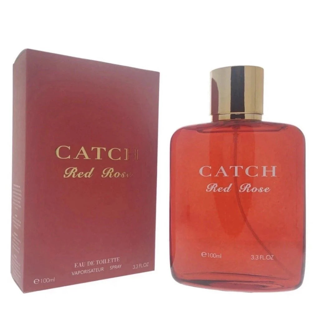Catch Red Rose 100ml Eau de Toilette in a red-tinted rectangular bottle next to its matching red and gold box.