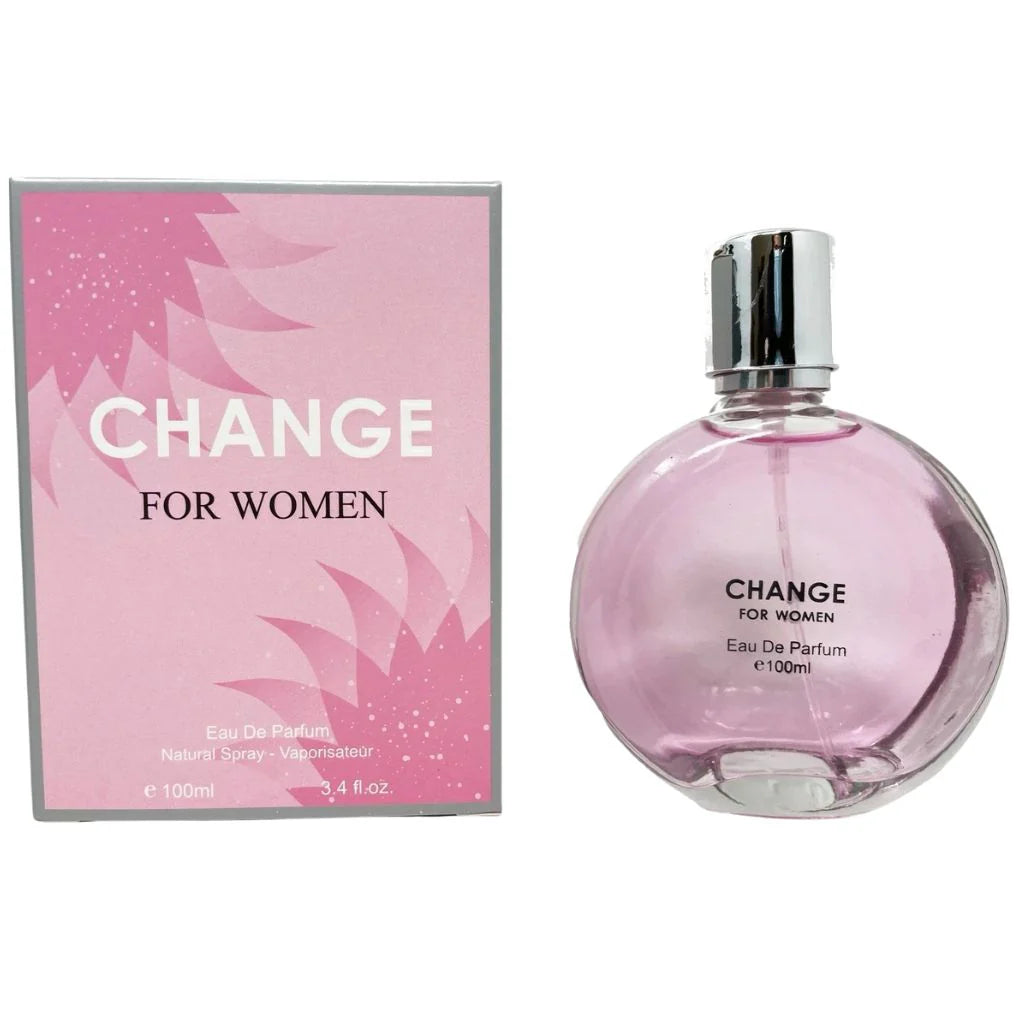 Change For Women 100ml Eau de Parfum in a rounded clear bottle with pink fragrance next to its pink decorative box.