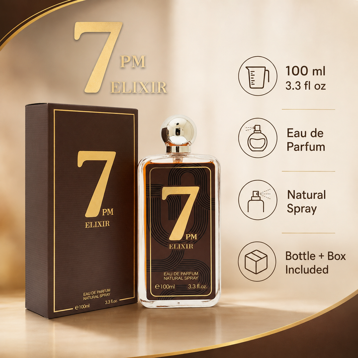 7 PM Elixir Eau de Parfum for Men 100ml / 3.3 Fl Oz – Long Lasting Warm Spicy Amber Woody Fragrance – Evening Cologne for Men – Luxury Masculine Perfume Gift