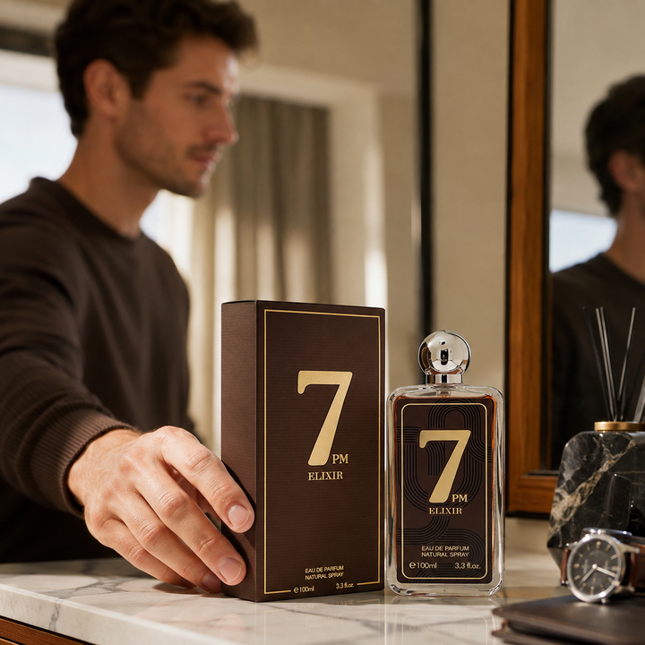 7 PM Elixir Eau de Parfum for Men 100ml / 3.3 Fl Oz – Long Lasting Warm Spicy Amber Woody Fragrance – Evening Cologne for Men – Luxury Masculine Perfume Gift