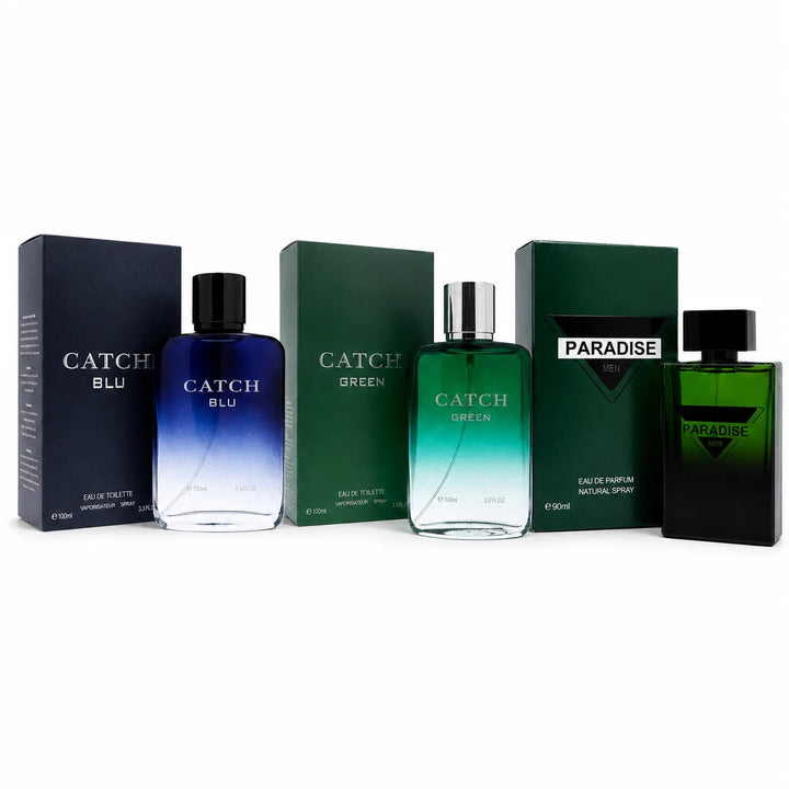 3 Piece Men’s Cologne Set – Catch Blu 100ml, Catch Green 100ml &amp; Paradise Men 90ml – Fresh Woody Aromatic Eau de Toilette &amp; Eau de Parfum Fragrance Gift Set for Men