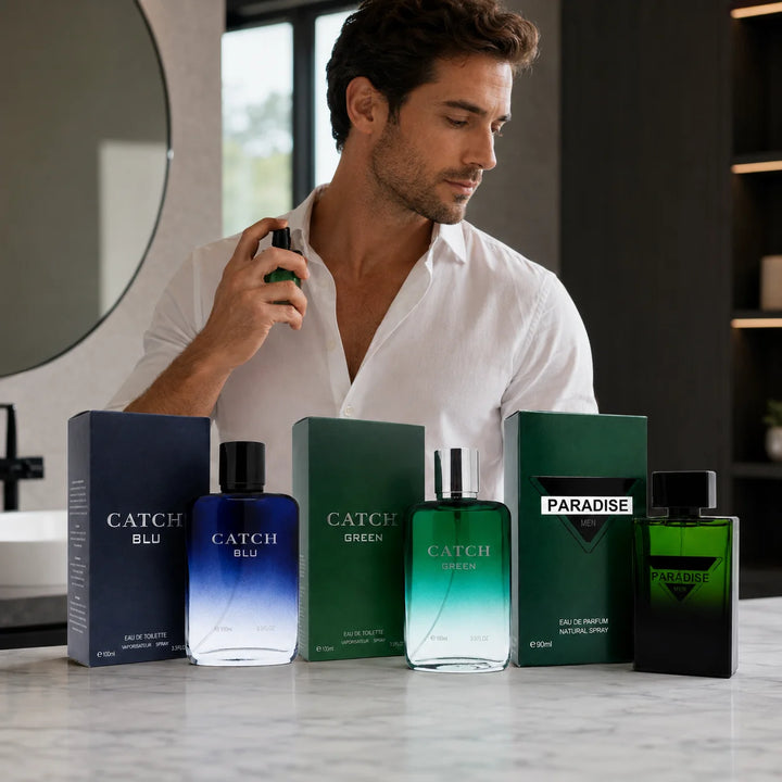 3 Piece Men’s Cologne Set – Catch Blu 100ml, Catch Green 100ml &amp; Paradise Men 90ml – Fresh Woody Aromatic Eau de Toilette &amp; Eau de Parfum Fragrance Gift Set for Men