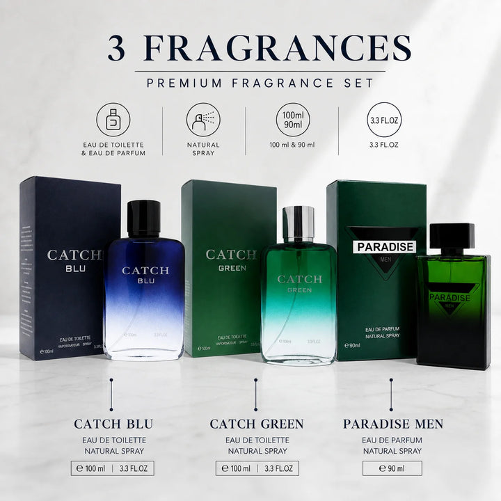 3 Piece Men’s Cologne Set – Catch Blu 100ml, Catch Green 100ml &amp; Paradise Men 90ml – Fresh Woody Aromatic Eau de Toilette &amp; Eau de Parfum Fragrance Gift Set for Men