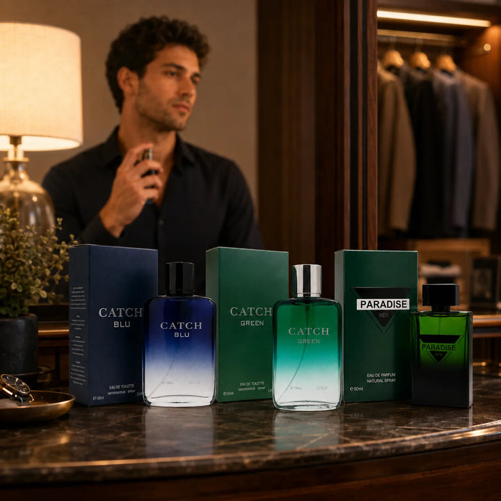 3 Piece Men’s Cologne Set – Catch Blu 100ml, Catch Green 100ml &amp; Paradise Men 90ml – Fresh Woody Aromatic Eau de Toilette &amp; Eau de Parfum Fragrance Gift Set for Men