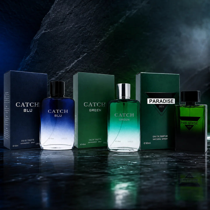 3 Piece Men’s Cologne Set – Catch Blu 100ml, Catch Green 100ml &amp; Paradise Men 90ml – Fresh Woody Aromatic Eau de Toilette &amp; Eau de Parfum Fragrance Gift Set for Men