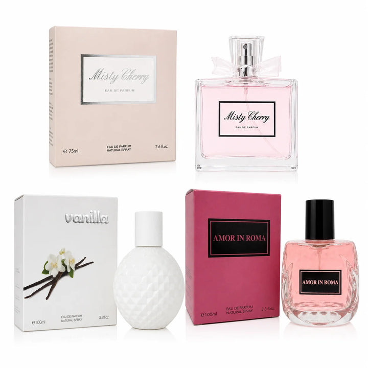 3 Piece Perfume Gift Set for Women – Misty Cherry 75ml, Vanilla 100ml &amp; Amor in Roma 100ml Eau de Parfum – Sweet Fruity Floral Vanilla Fragrance Collection – Women’s Perfume Set