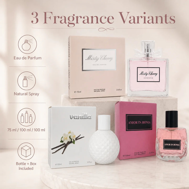 3 Piece Perfume Gift Set for Women – Misty Cherry 75ml, Vanilla 100ml &amp; Amor in Roma 100ml Eau de Parfum – Sweet Fruity Floral Vanilla Fragrance Collection – Women’s Perfume Set
