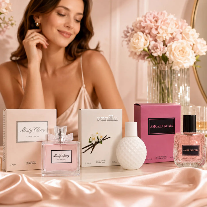 3 Piece Perfume Gift Set for Women – Misty Cherry 75ml, Vanilla 100ml &amp; Amor in Roma 100ml Eau de Parfum – Sweet Fruity Floral Vanilla Fragrance Collection – Women’s Perfume Set