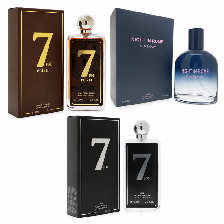 3 Piece Men’s Cologne Set – 7 PM Elixir, Night in Rome &amp; 7 PM – 100ml / 3.3 Fl Oz Each – Eau de Parfum &amp; Eau de Toilette – Warm Woody Aromatic Fragrance Gift Set for Men