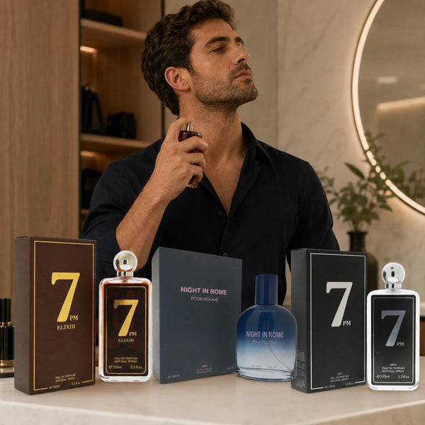 3 Piece Men’s Cologne Set – 7 PM Elixir, Night in Rome & 7 PM – 100ml / 3.3 Fl Oz Each – Eau de Parfum & Eau de Toilette – Warm Woody Aromatic Fragrance Gift Set for Men