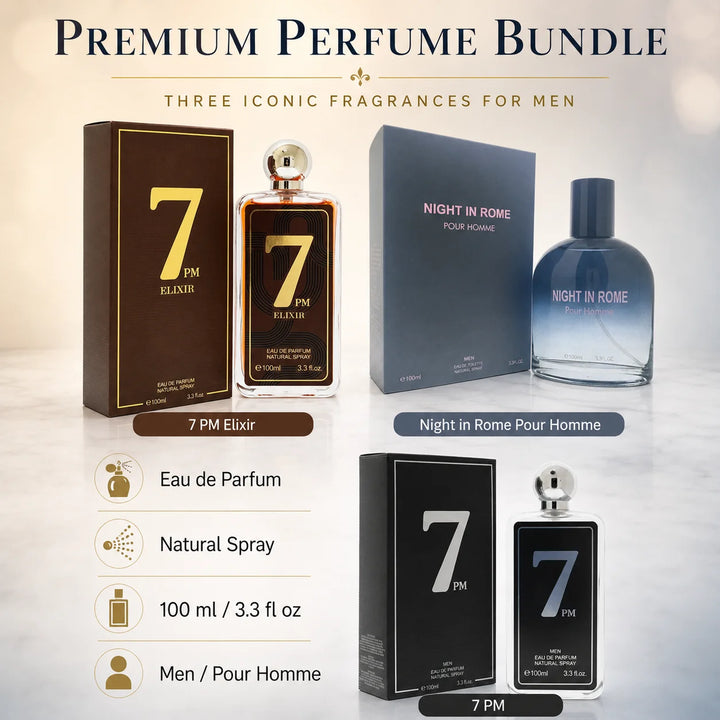 3 Piece Men’s Cologne Set – 7 PM Elixir, Night in Rome &amp; 7 PM – 100ml / 3.3 Fl Oz Each – Eau de Parfum &amp; Eau de Toilette – Warm Woody Aromatic Fragrance Gift Set for Men