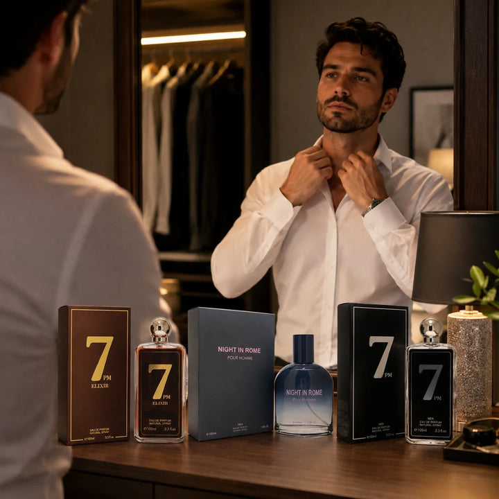 3 Piece Men’s Cologne Set – 7 PM Elixir, Night in Rome &amp; 7 PM – 100ml / 3.3 Fl Oz Each – Eau de Parfum &amp; Eau de Toilette – Warm Woody Aromatic Fragrance Gift Set for Men