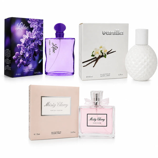 3 Piece Perfume Gift Set for Women – Lilac 95ml, Vanilla 100ml & Misty Cherry 75ml Eau de Parfum – Sweet Floral Fruity Gourmand Fragrance Collection – Full Size Women’s Perfume Set