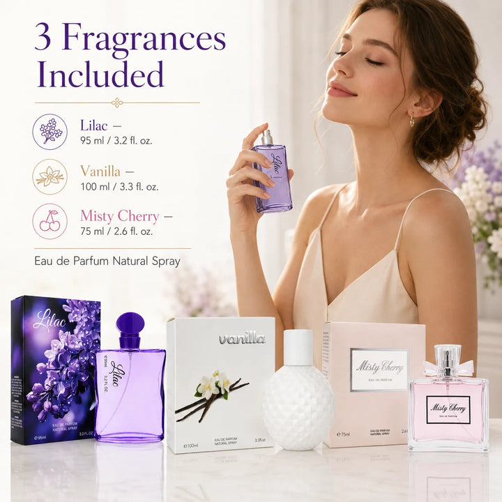 3 Piece Perfume Gift Set for Women – Lilac 95ml, Vanilla 100ml &amp; Misty Cherry 75ml Eau de Parfum – Sweet Floral Fruity Gourmand Fragrance Collection – Full Size Women’s Perfume Set