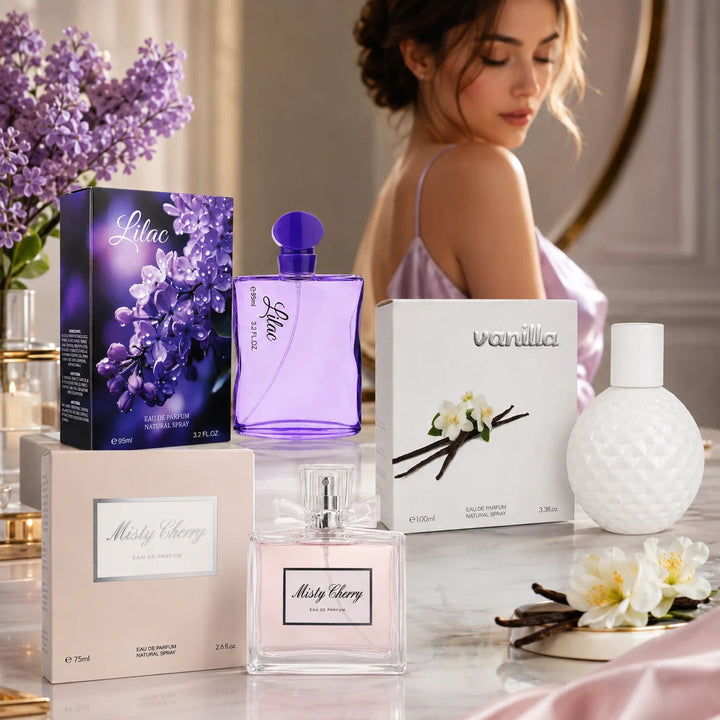 3 Piece Perfume Gift Set for Women – Lilac 95ml, Vanilla 100ml &amp; Misty Cherry 75ml Eau de Parfum – Sweet Floral Fruity Gourmand Fragrance Collection – Full Size Women’s Perfume Set