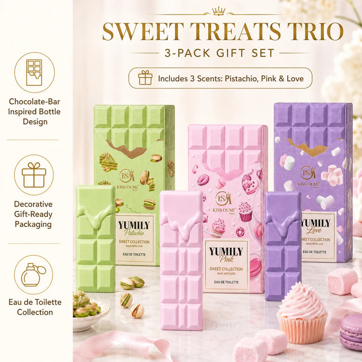 Sweet Treats Trio 3 Piece Perfume Gift Set for Women – Pistachio, Pink &amp; Love Eau de Toilette – Sweet Gourmand, Creamy Nutty &amp; Candy Inspired Fragrance Collection