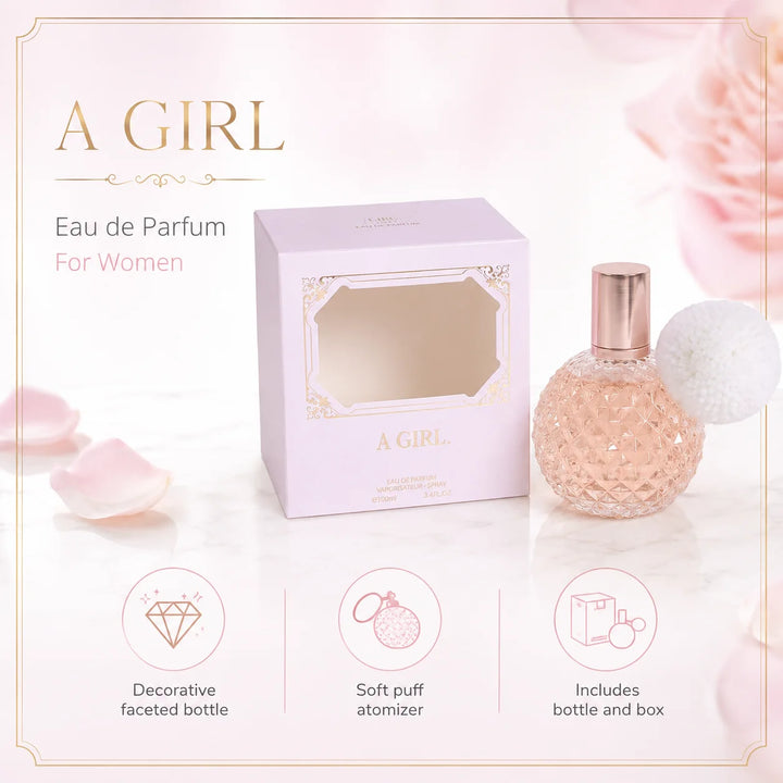 A Girl Eau de Parfum for Women, 100ml / 3.4 Fl Oz – Sweet Floral Fruity Perfume Spray – Feminine Everyday Fragrance with Decorative Pom Pom Bottle, Gift for Her