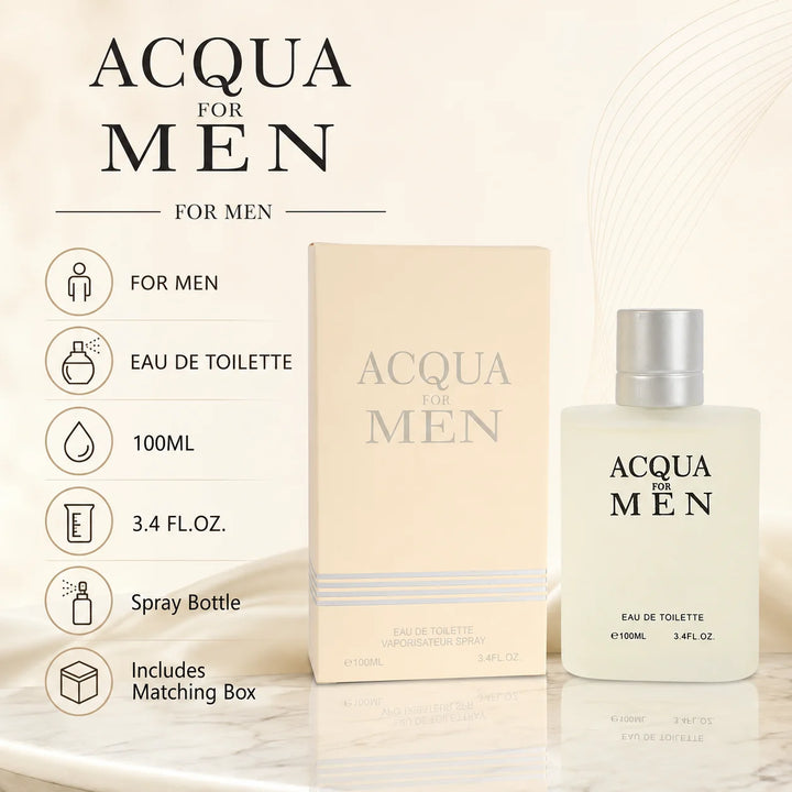 Acqua for Men Eau de Toilette, 100ml / 3.4 Fl Oz – Fresh Aquatic Cologne for Men – Clean Crisp Masculine Everyday Fragrance Spray – Men’s Cologne Gift