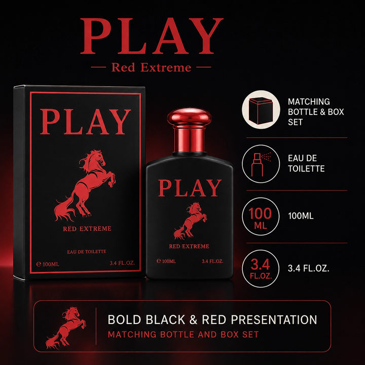Play Red Extreme Eau de Toilette for Men, 100ml / 3.4 Fl Oz – Bold Woody Aromatic Cologne – Warm Masculine Everyday &amp; Evening Fragrance Spray – Gift for Him