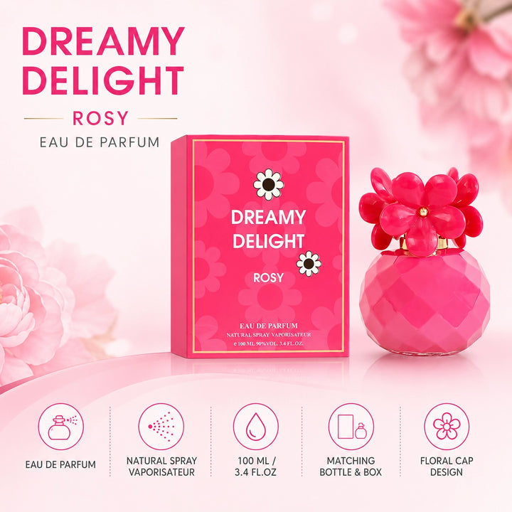 Dreamy Delight Rosy Eau de Parfum for Women, 100ml / 3.4 Fl Oz – Sweet Floral Fruity Perfume – Feminine Everyday Fragrance Spray – Women’s Perfume Gift