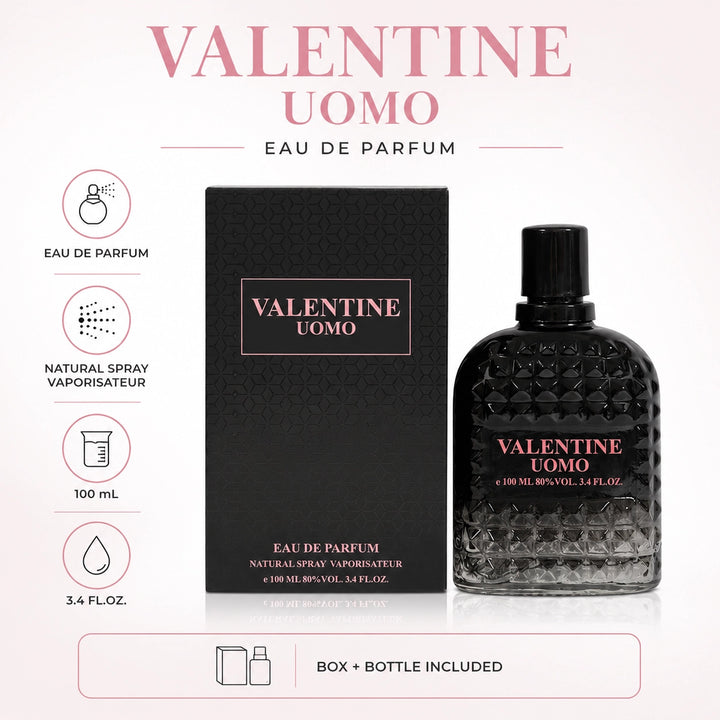 Valentine Uomo Eau de Parfum for Men, 100ml / 3.4 Fl Oz – Masculine Cologne Spray – Fresh Woody Aromatic Men’s Fragrance – Everyday &amp; Evening Scent for Men