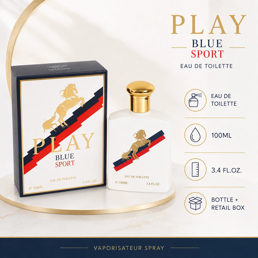 Play Blue Spore Eau de Toilette for Men 100ml / 3.4 Fl Oz – Fresh Clean Men’s Cologne Spray – Masculine Everyday Fragrance for Work, Casual Wear &amp; Gift Giving