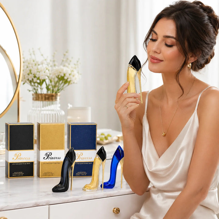 Princess High Heel Perfume Set for Women – 3 Piece Eau de Parfum Gift Set, 85ml / 2.9 Fl Oz Each – Black, Gold &amp; Blue Stiletto Shoe Bottles – Feminine Fragrance Collection
