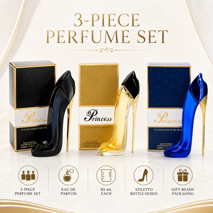 Princess High Heel Perfume Set for Women – 3 Piece Eau de Parfum Gift Set, 85ml / 2.9 Fl Oz Each – Black, Gold &amp; Blue Stiletto Shoe Bottles – Feminine Fragrance Collection