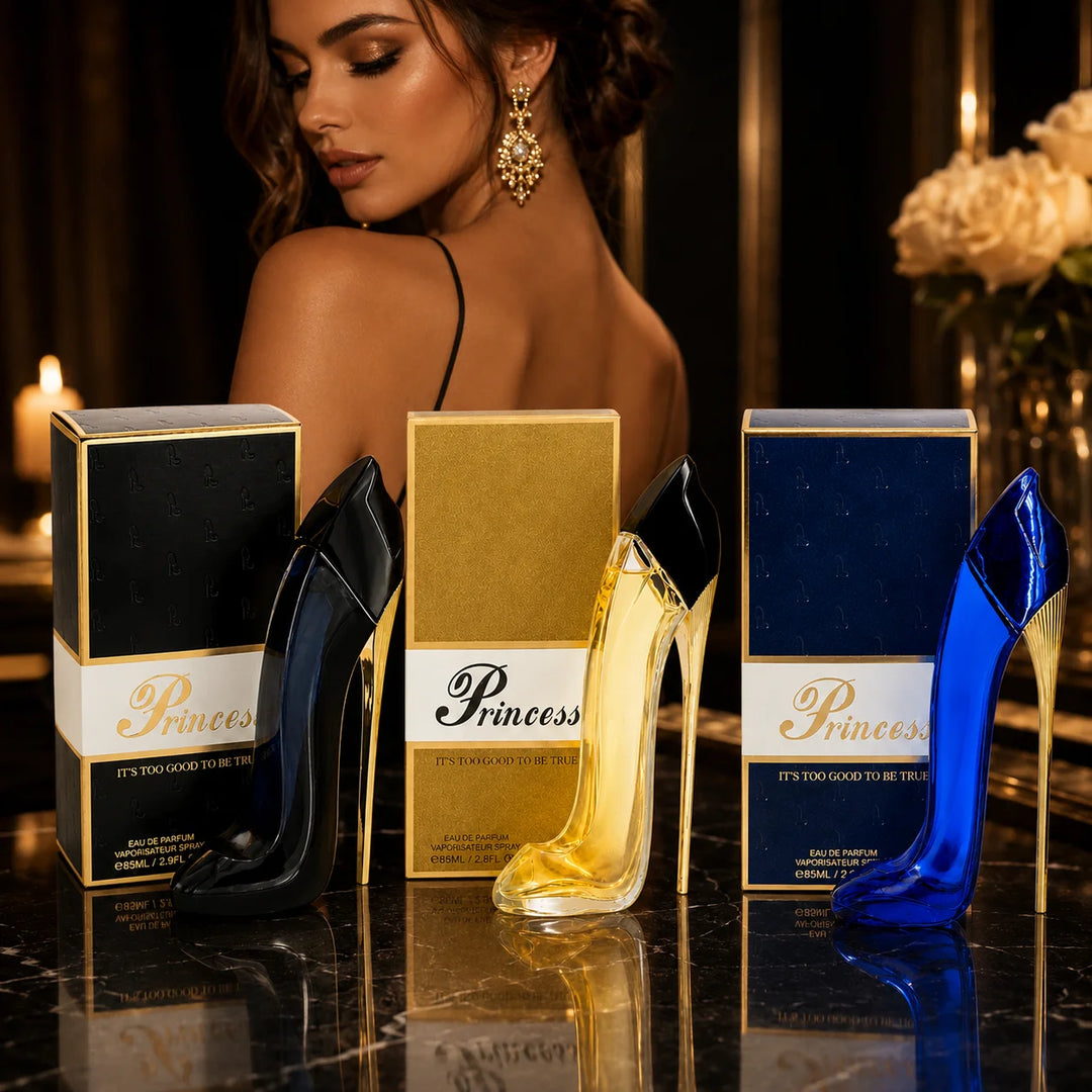 Princess High Heel Perfume Set for Women – 3 Piece Eau de Parfum Gift Set, 85ml / 2.9 Fl Oz Each – Black, Gold &amp; Blue Stiletto Shoe Bottles – Feminine Fragrance Collection