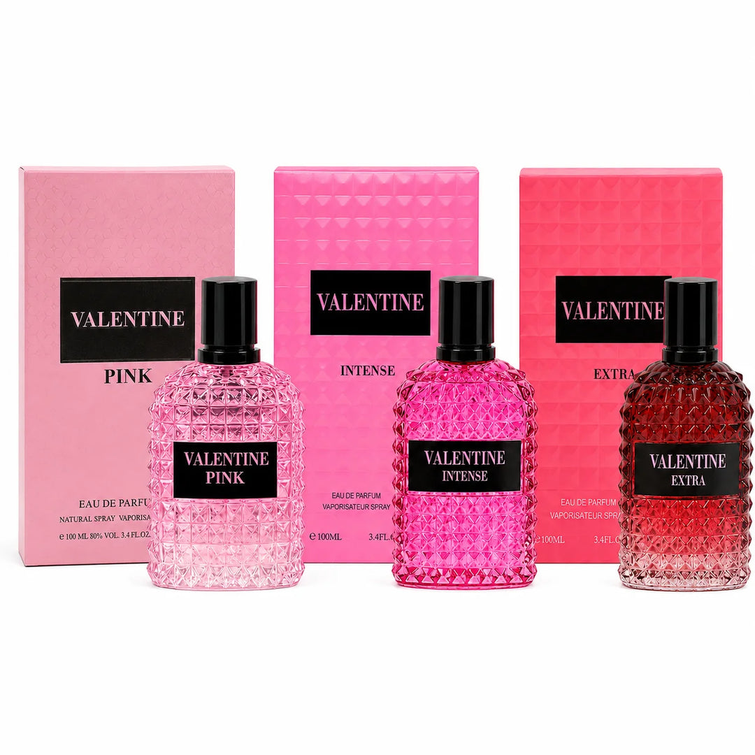 Valentine 3 Piece Perfume Gift Set for Women – Pink, Intense &amp; Extra Eau de Parfum, 100ml / 3.4 Fl Oz Each – Feminine Fragrance Collection – Full Size Women’s Perfume Set