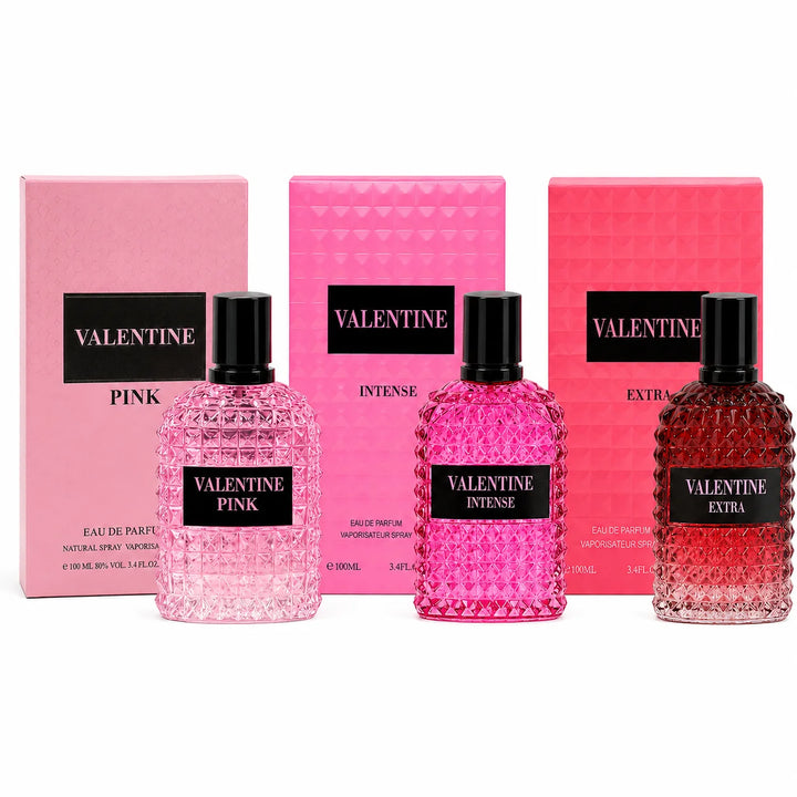Valentine 3 Piece Perfume Gift Set for Women – Pink, Intense &amp; Extra Eau de Parfum, 100ml / 3.4 Fl Oz Each – Feminine Fragrance Collection – Full Size Women’s Perfume Set