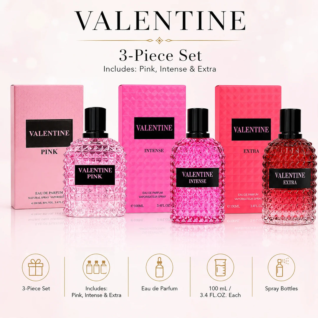 Valentine 3 Piece Perfume Gift Set for Women – Pink, Intense &amp; Extra Eau de Parfum, 100ml / 3.4 Fl Oz Each – Feminine Fragrance Collection – Full Size Women’s Perfume Set