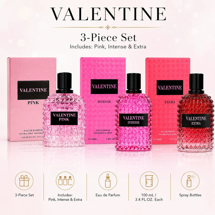 Valentine 3 Piece Perfume Gift Set for Women – Pink, Intense &amp; Extra Eau de Parfum, 100ml / 3.4 Fl Oz Each – Feminine Fragrance Collection – Full Size Women’s Perfume Set