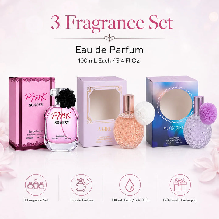 3 Piece Perfume Gift Set for Women – Pink So Sexy, A Girl &amp; Moon Girl Eau de Parfum, 100ml / 3.4 Fl Oz Each – Feminine Floral Sweet Fragrance Collection – Full Size Perfume Set