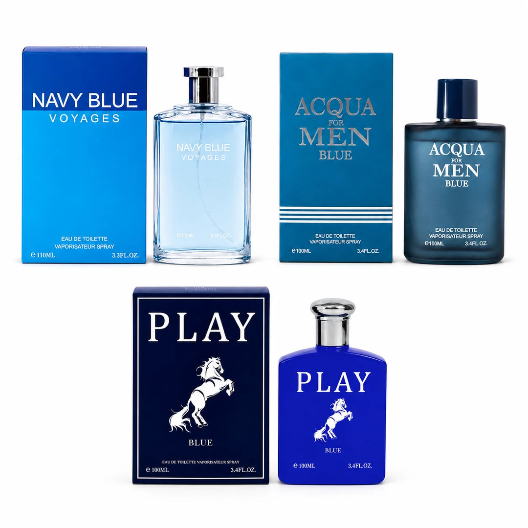 3 Piece Men’s Cologne Gift Set – Navy Blue Voyages, Acqua for Men Blue &amp; Play Blue – Eau de Toilette Spray – Fresh Aquatic Aromatic Fragrance Collection for Men