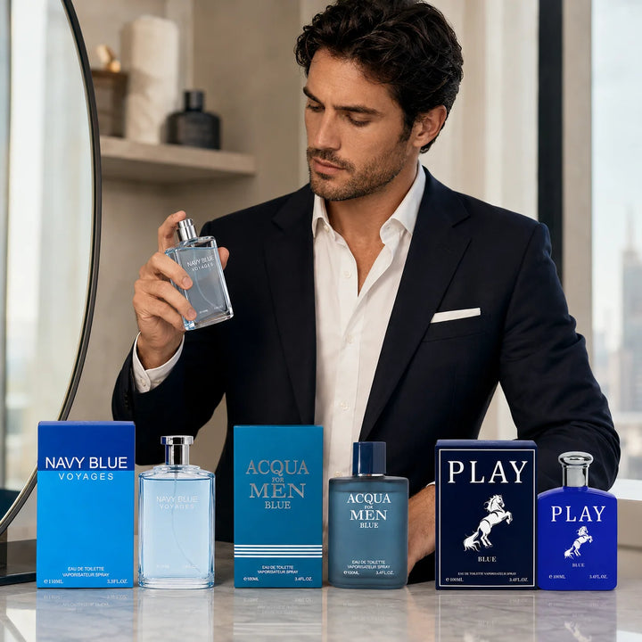 3 Piece Men’s Cologne Gift Set – Navy Blue Voyages, Acqua for Men Blue &amp; Play Blue – Eau de Toilette Spray – Fresh Aquatic Aromatic Fragrance Collection for Men