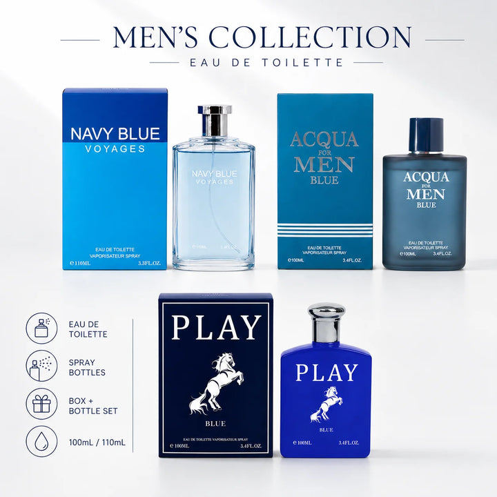3 Piece Men’s Cologne Gift Set – Navy Blue Voyages, Acqua for Men Blue &amp; Play Blue – Eau de Toilette Spray – Fresh Aquatic Aromatic Fragrance Collection for Men