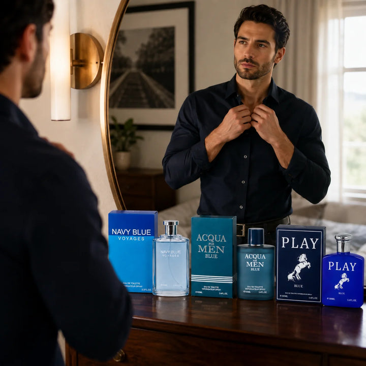 3 Piece Men’s Cologne Gift Set – Navy Blue Voyages, Acqua for Men Blue &amp; Play Blue – Eau de Toilette Spray – Fresh Aquatic Aromatic Fragrance Collection for Men