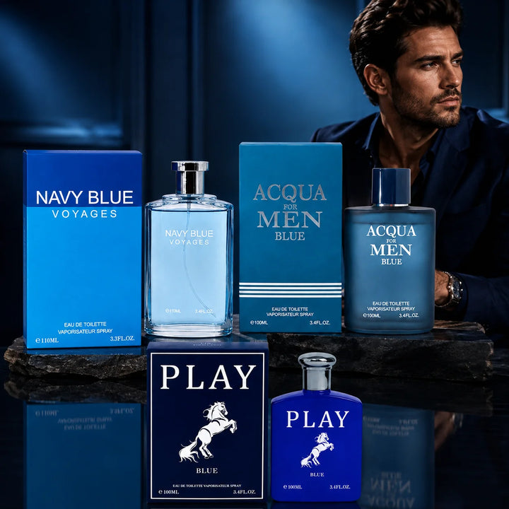 3 Piece Men’s Cologne Gift Set – Navy Blue Voyages, Acqua for Men Blue &amp; Play Blue – Eau de Toilette Spray – Fresh Aquatic Aromatic Fragrance Collection for Men