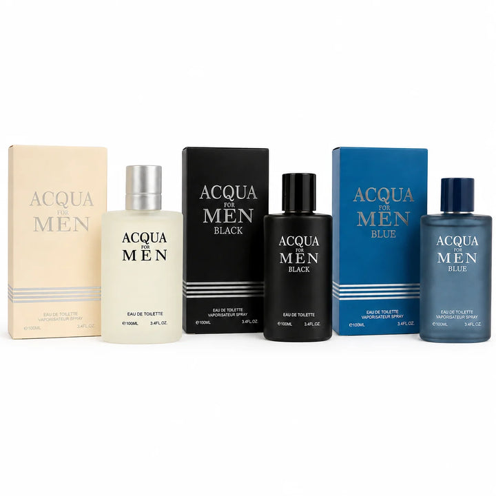 3 Piece Men’s Cologne Set – Acqua for Men, Acqua for Men Black &amp; Acqua for Men Blue – 100ml / 3.4 Fl Oz Each – Eau de Toilette Spray – Fresh Aromatic Fragrance Gift Set for Men