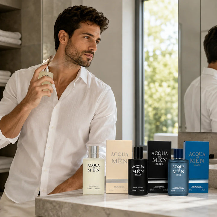 3 Piece Men’s Cologne Set – Acqua for Men, Acqua for Men Black &amp; Acqua for Men Blue – 100ml / 3.4 Fl Oz Each – Eau de Toilette Spray – Fresh Aromatic Fragrance Gift Set for Men